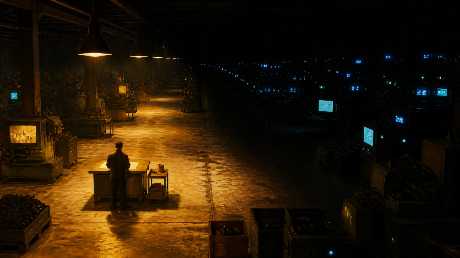A factory hall split by light: the near half under warm work lamps where one person reviews work at a standing desk, the far half in darkness where rows of machines show only small colored indicator lights.