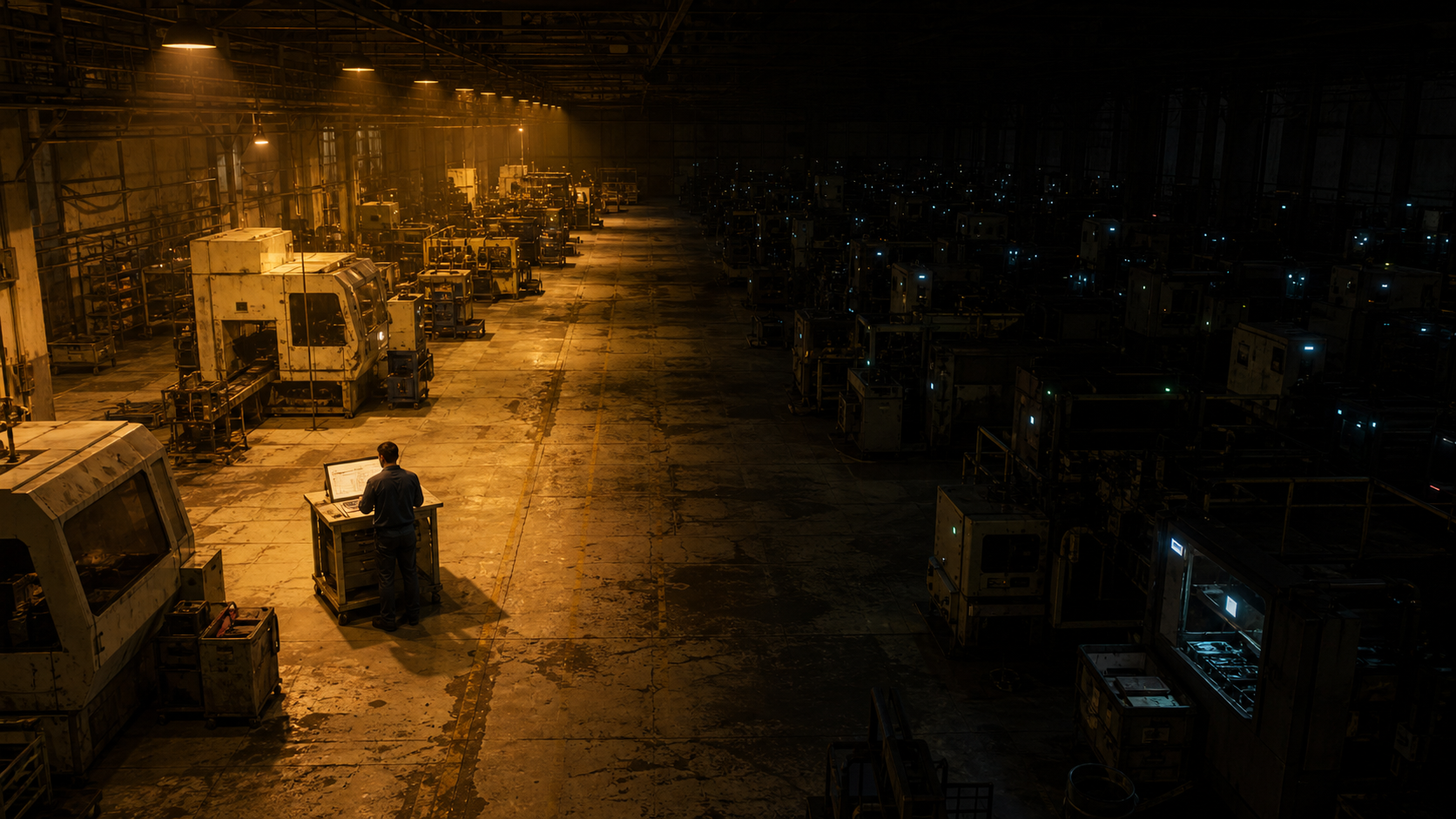 A factory hall split by light: one person reviews work under warm lamps while rows of machines continue into darkness.