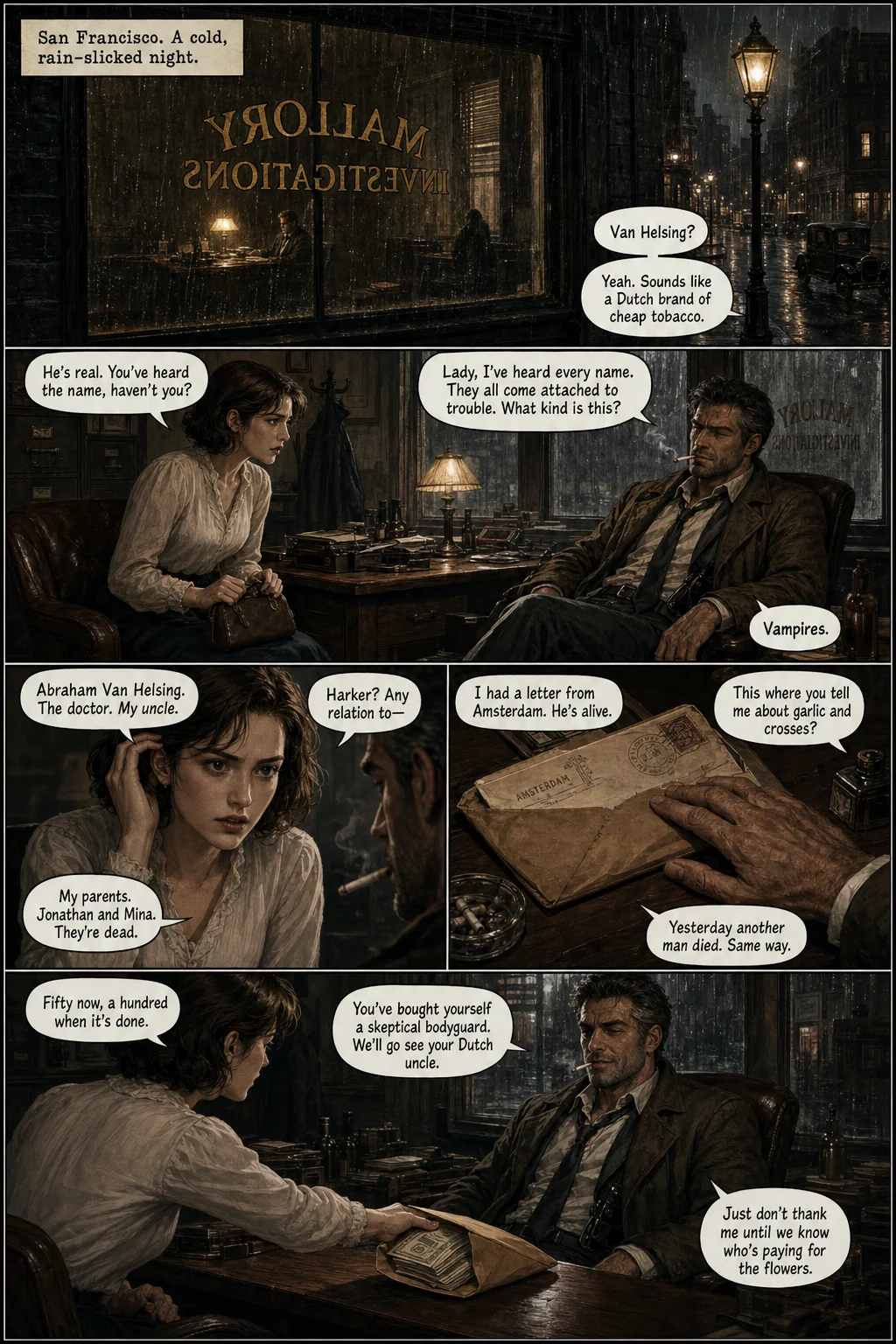 Hardboiled Stakes in the Fog — comic page one, Mallory Investigations