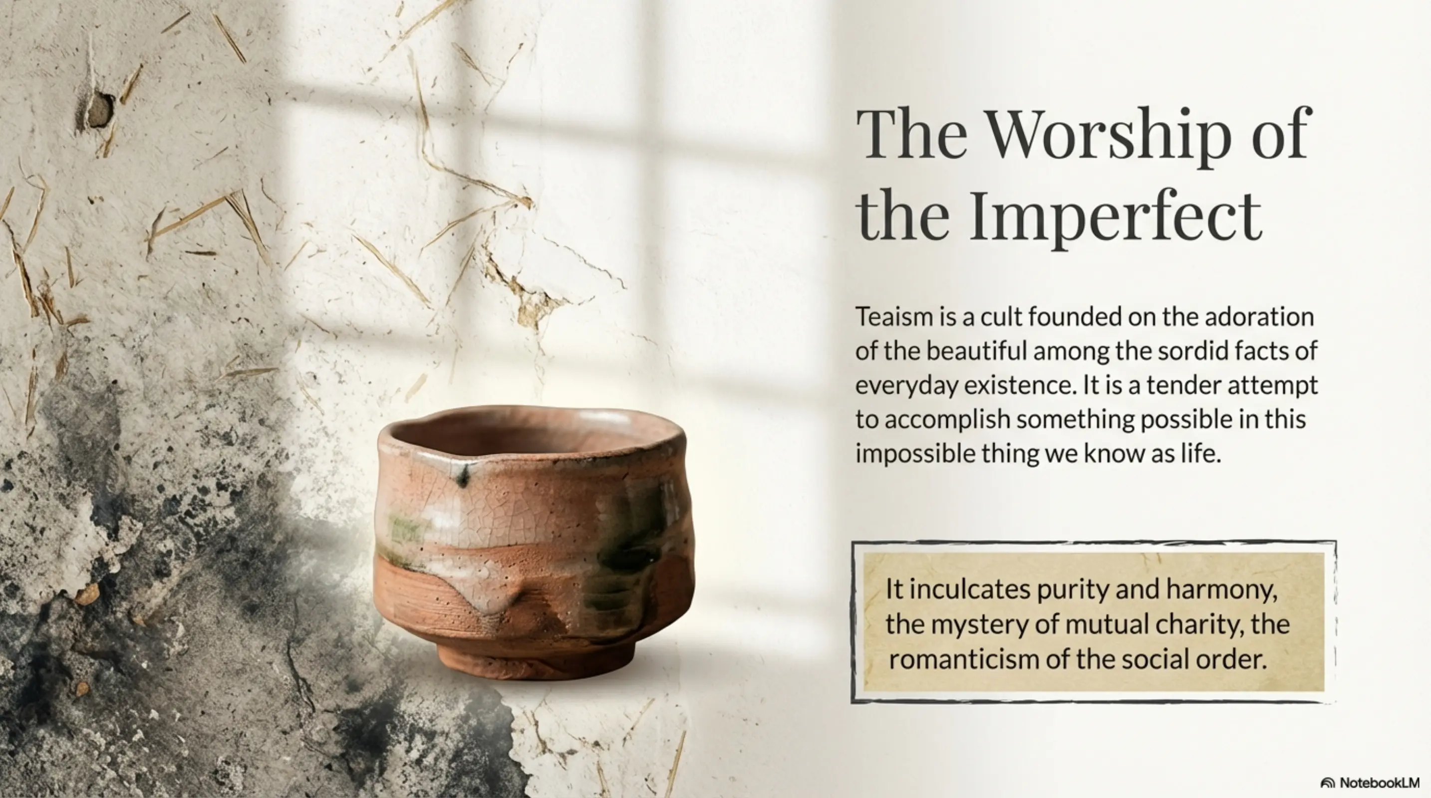 NotebookLM slide on the worship of the imperfect