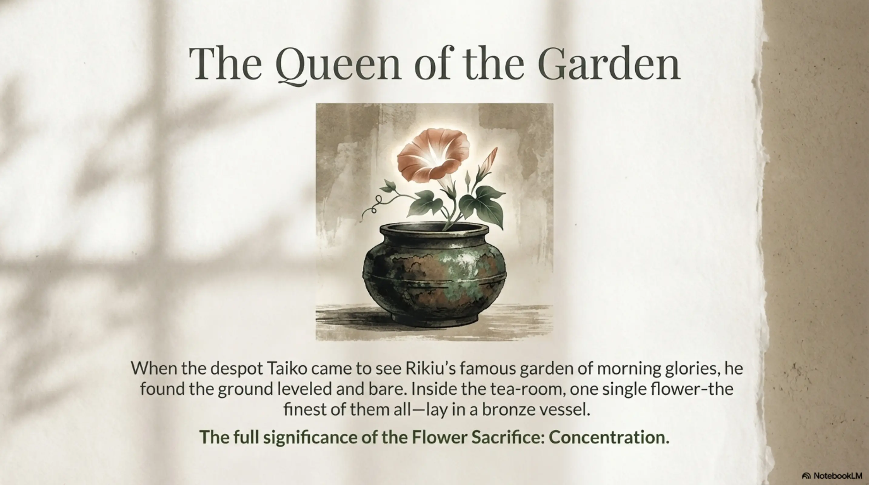 NotebookLM: Rikiu's morning glory story -- concentration as flower sacrifice