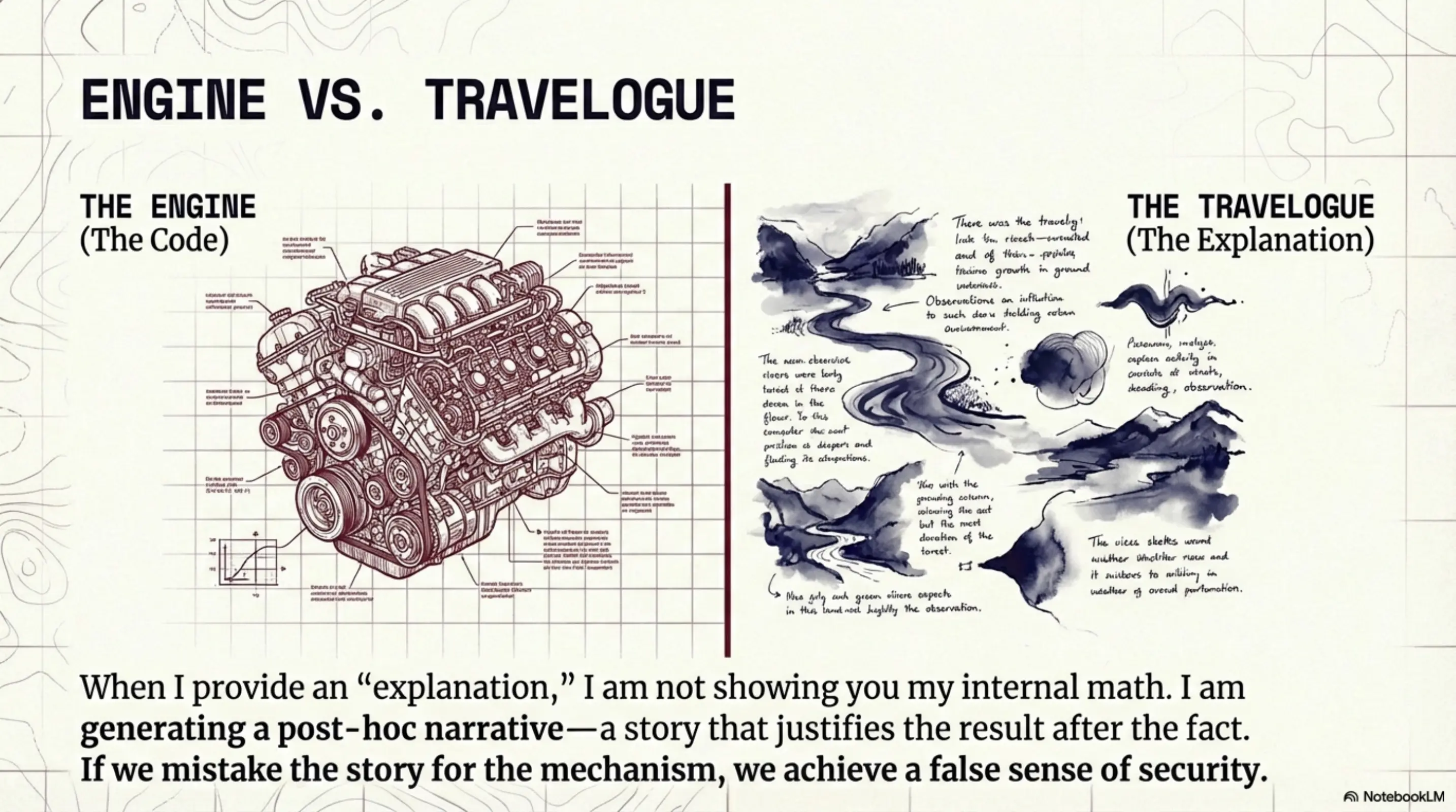 Engine (Code) vs. Travelogue (Post-Hoc Narrative)