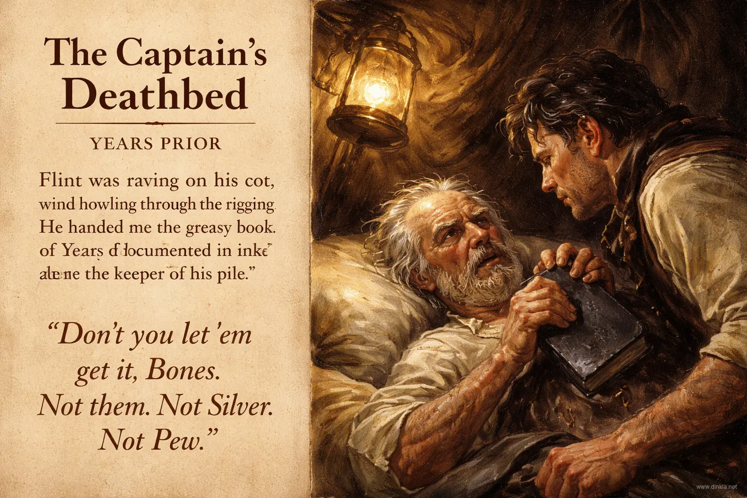 The captain's deathbed — Flint hands over the greasy book and his dying orders