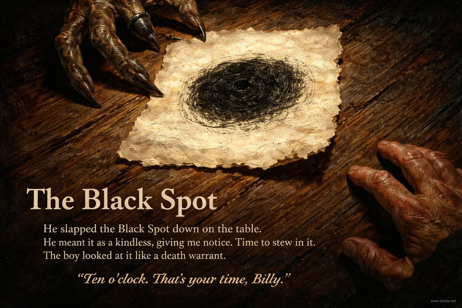 The Black Spot — a smudged circle on torn paper, a pirate's death warrant