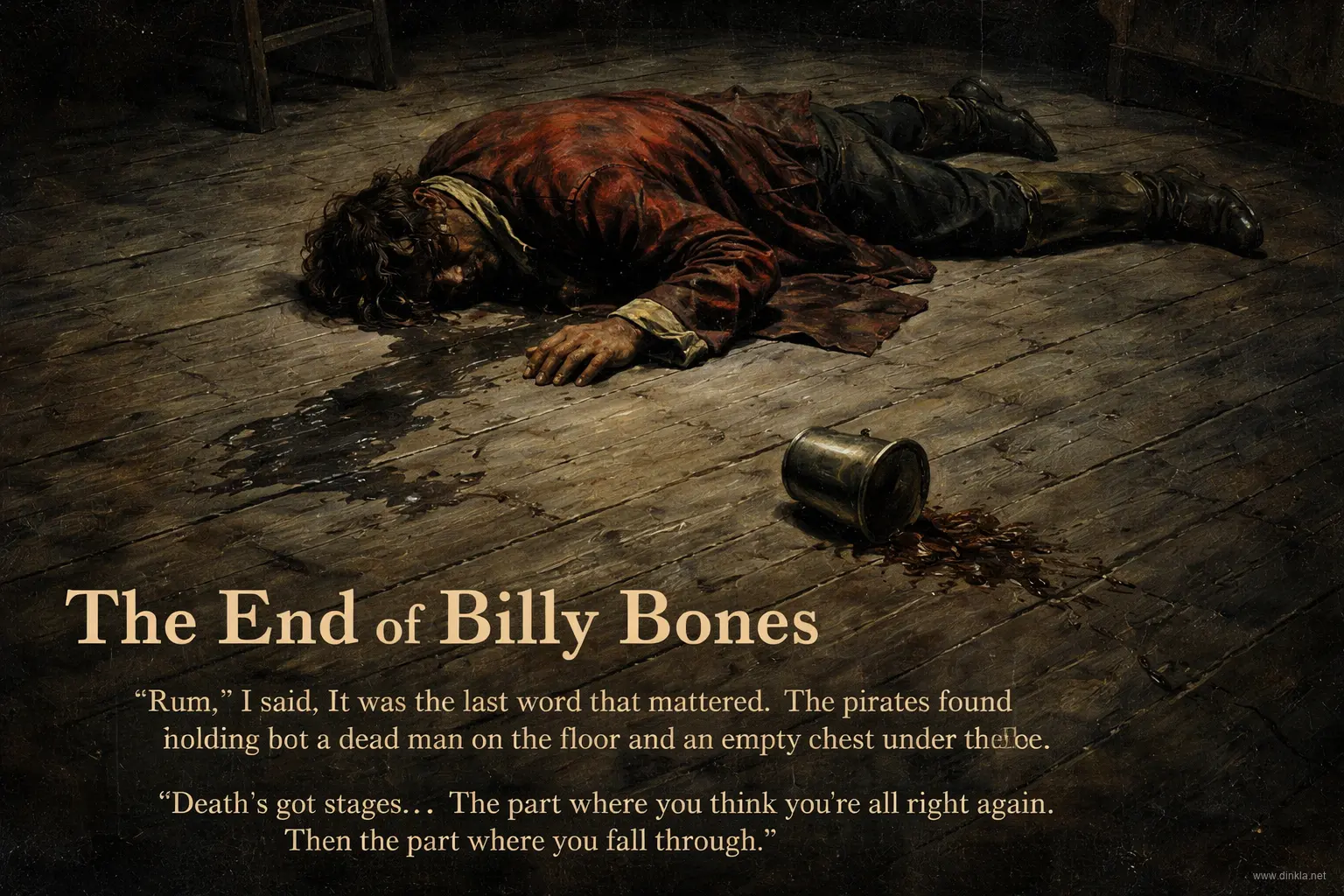 The end of Billy Bones — a dead man on the floor and a toppled mug of rum