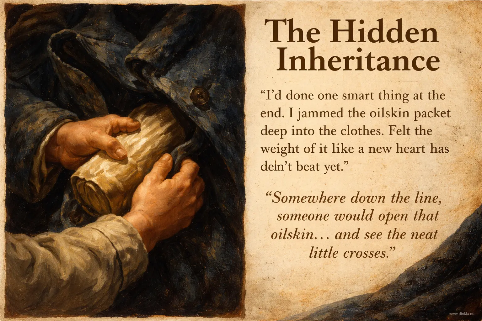 The hidden inheritance — Billy's last act, tucking the oilskin packet deep into the clothes