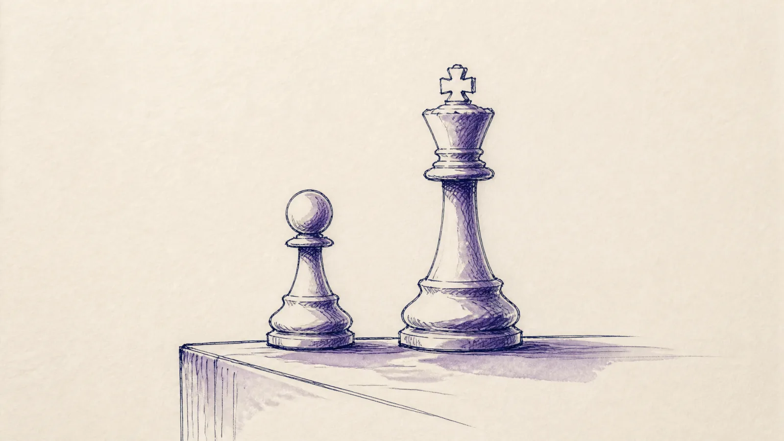 Loose ink sketch of a chess pawn and a chess king standing face to face