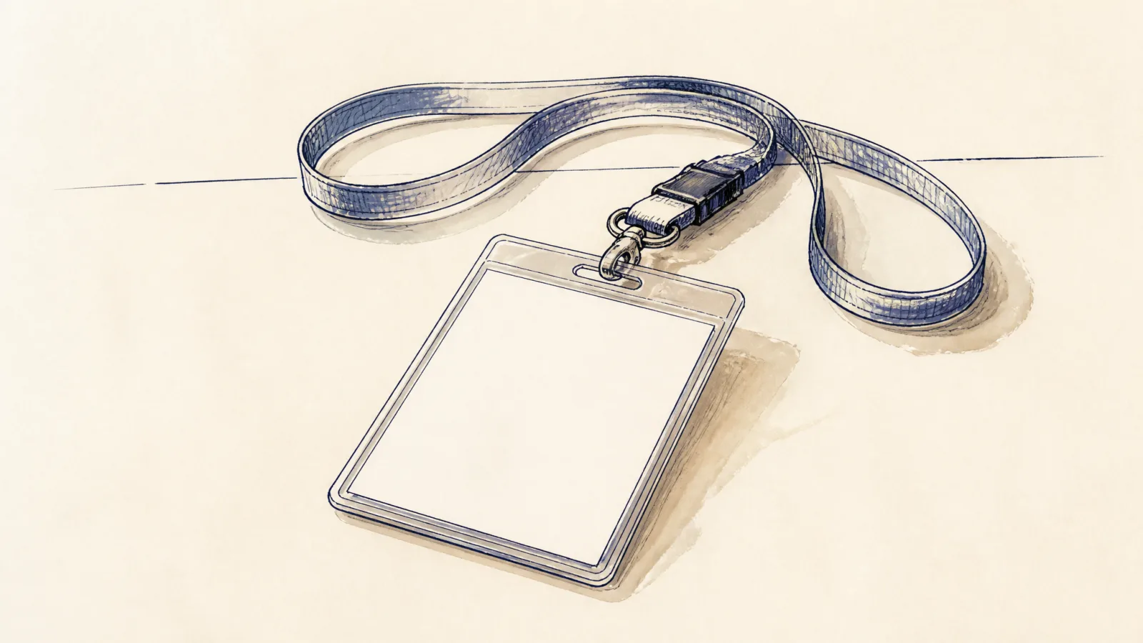 Loose ink sketch of a blank laminated visitor badge on a lanyard coiled on a desk