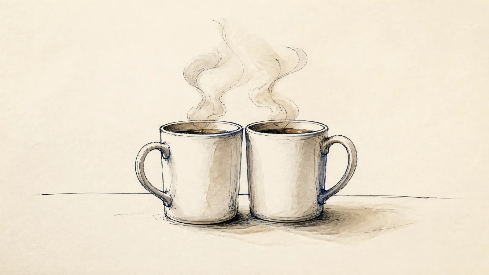 Loose ink sketch of two coffee cups close together on a table, their steam mingling