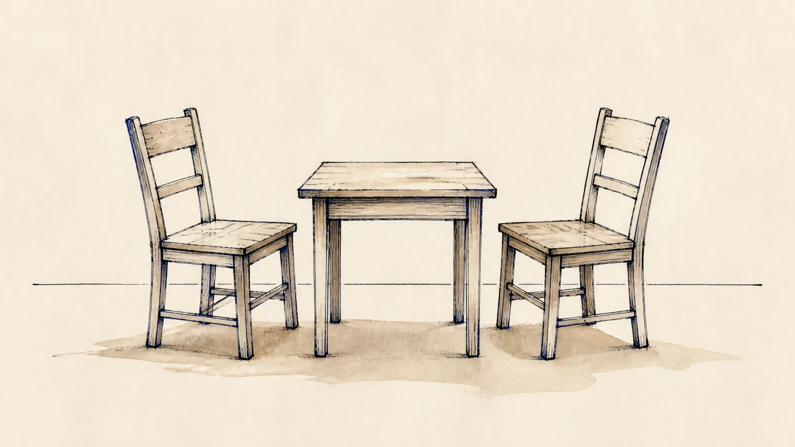 Loose ink sketch of two simple chairs facing each other across a small bare table