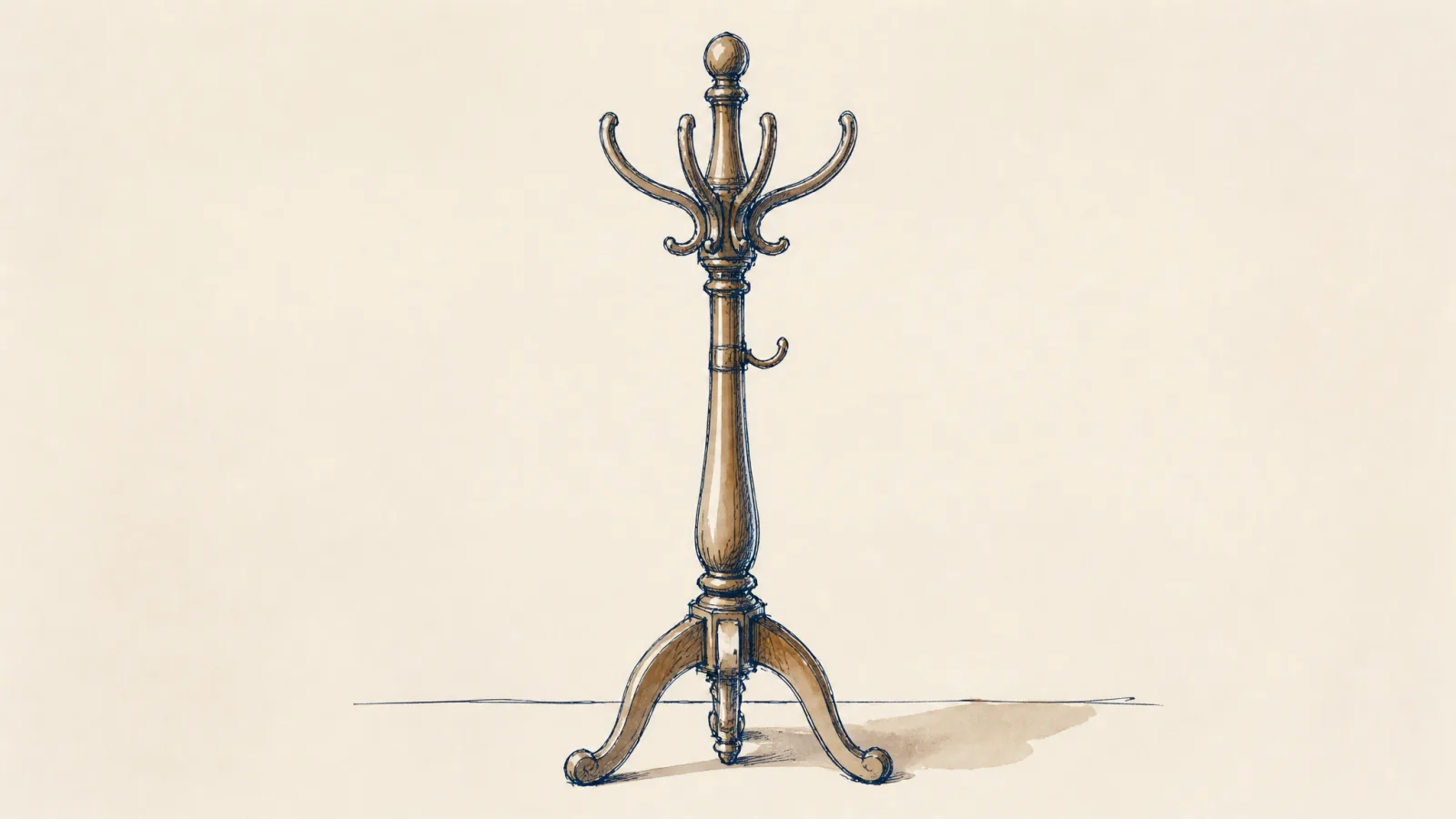 Loose ink sketch of a bare wooden coat stand with one empty hook