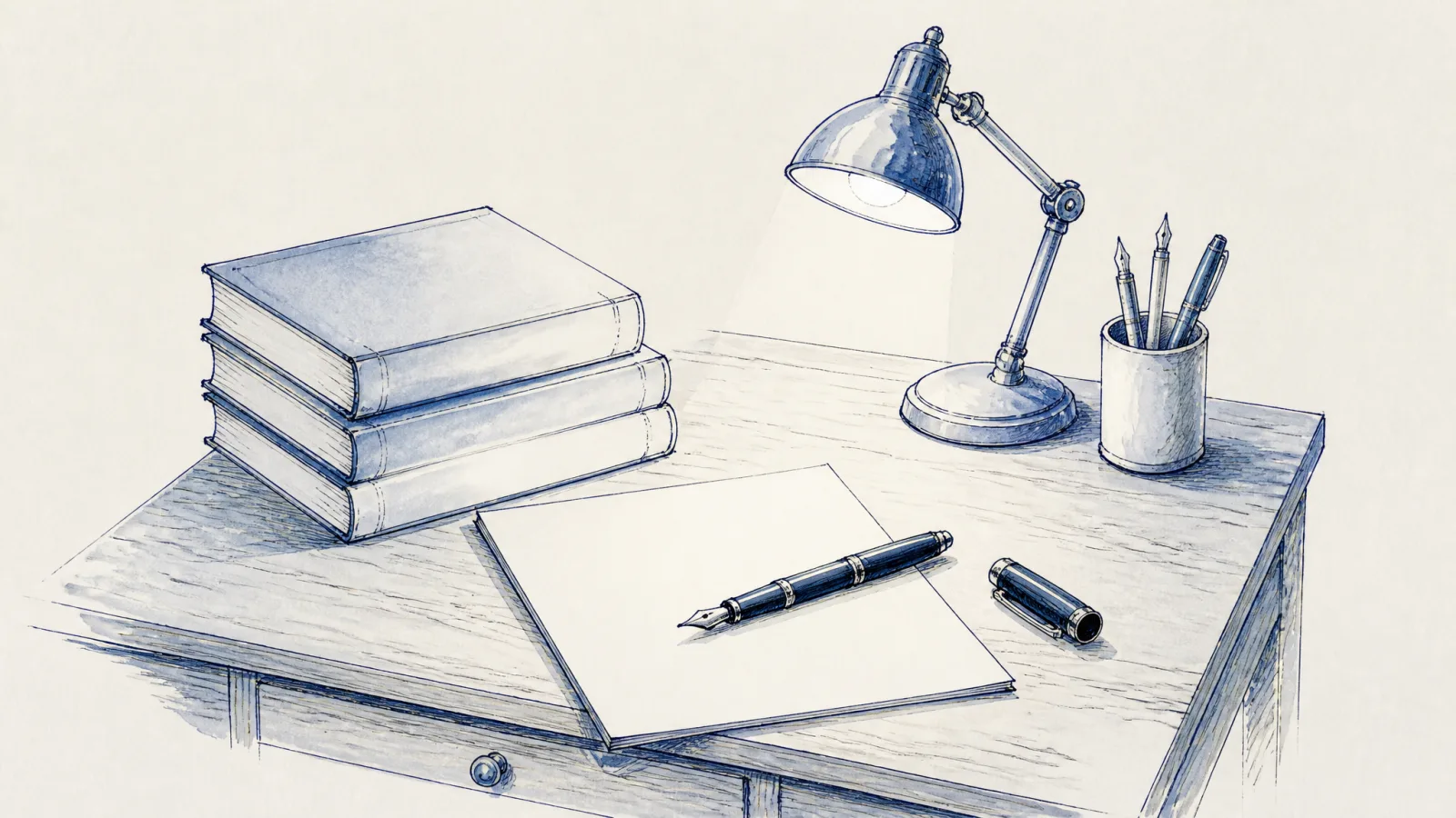 Loose ink sketch of a tidy wooden desk with a small stack of blank books, a lit reading lamp, and an uncapped fountain pen on blank paper