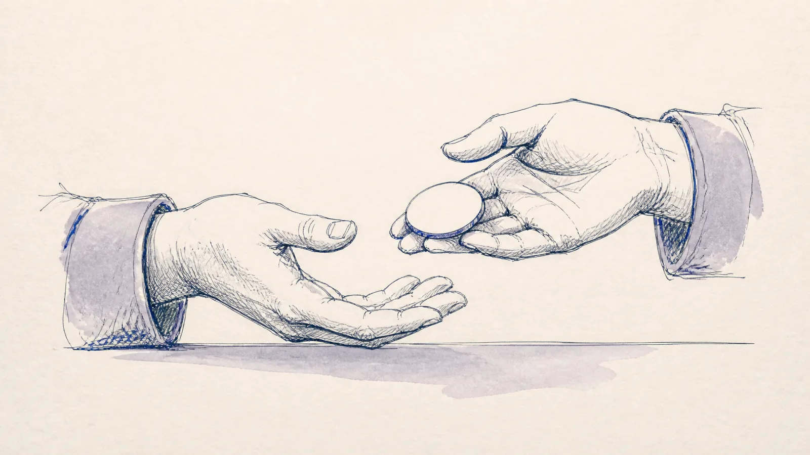Loose ink sketch of two open cupped hands exchanging a small round token