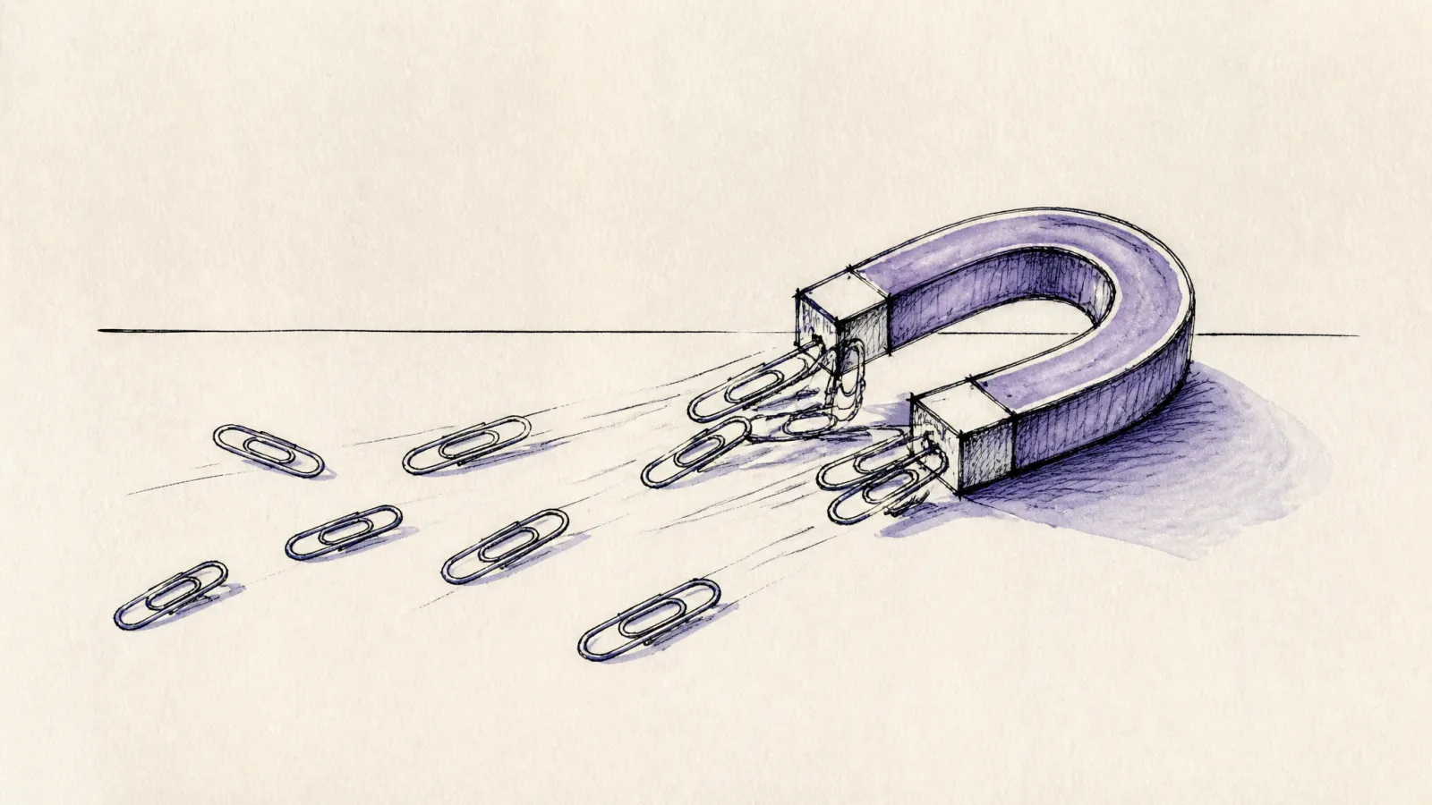 Loose ink sketch of a horseshoe magnet drawing a scatter of paperclips toward it