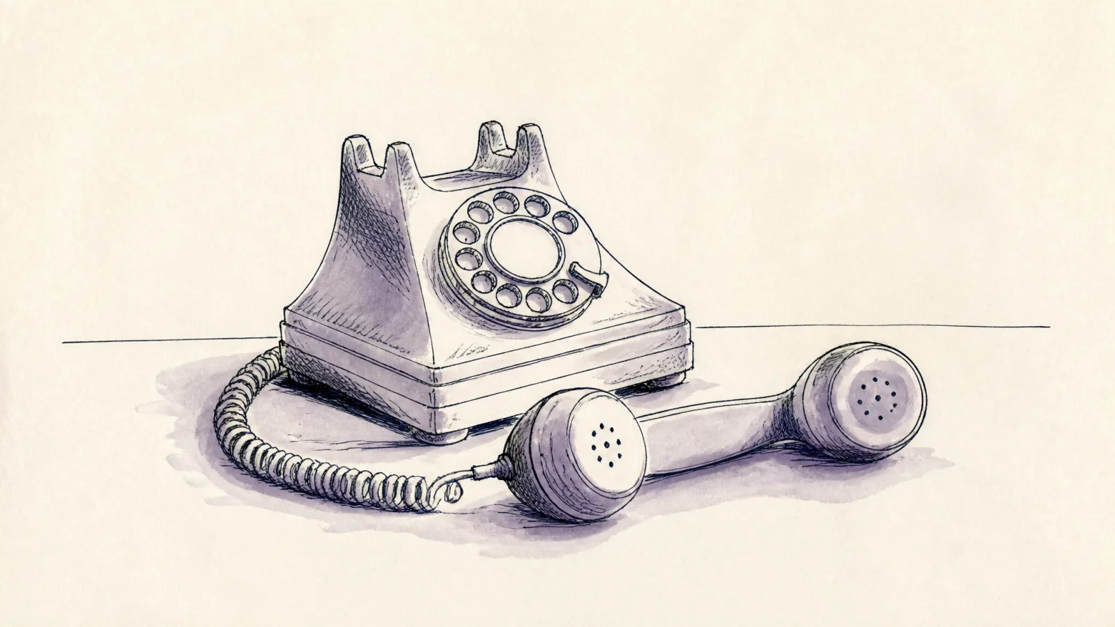 Loose ink sketch of a vintage telephone handset resting off the hook beside its cradle