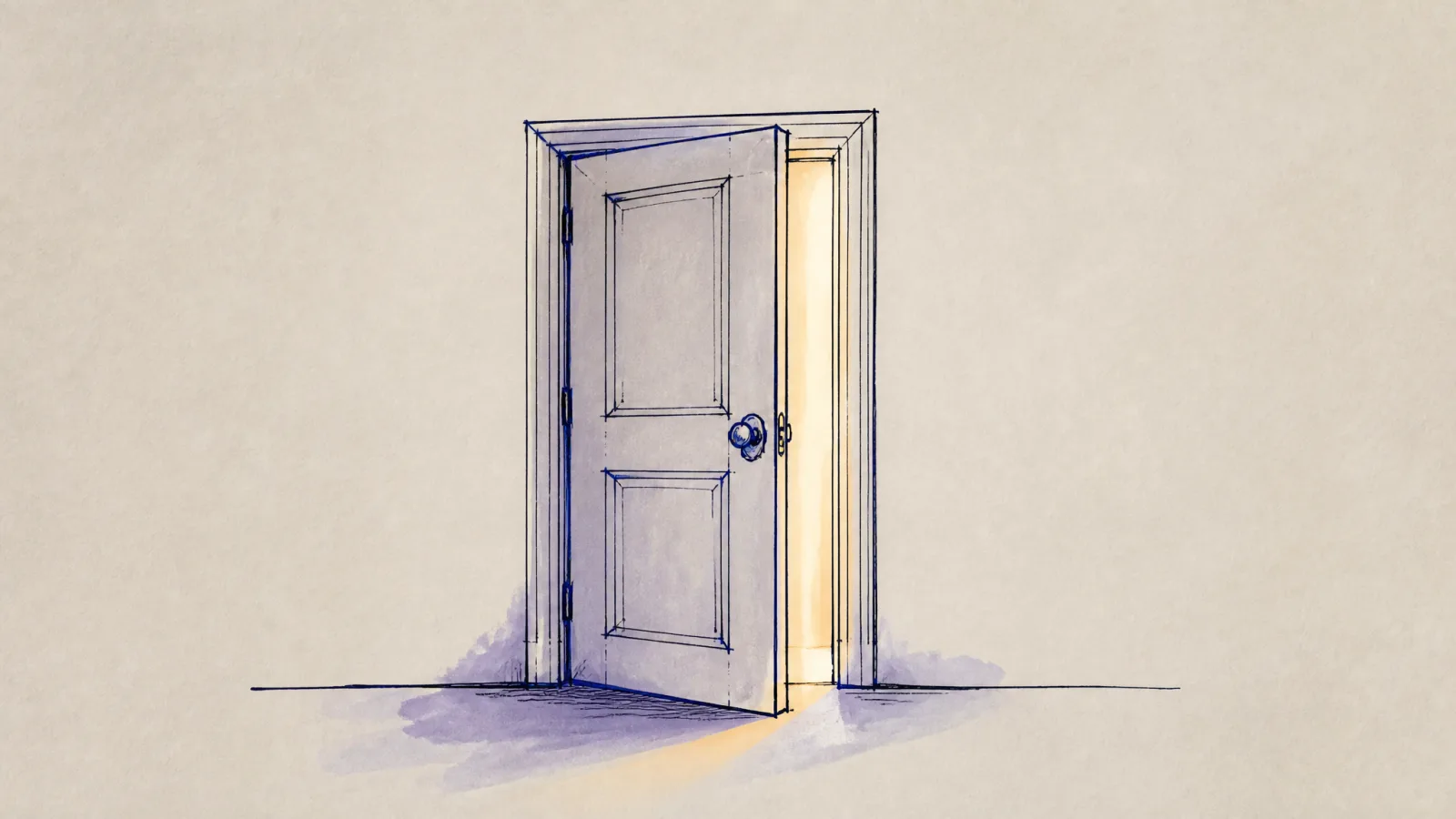 Loose ink sketch of a door slightly ajar with light spilling through the gap