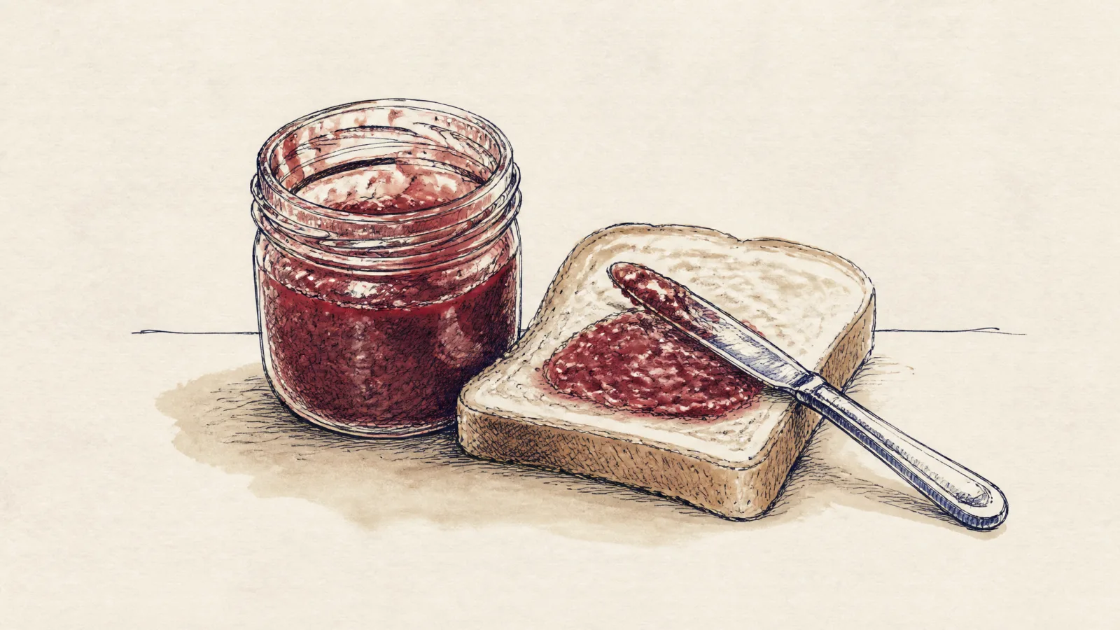 Loose ink sketch of an open jam jar with a knife resting across a piece of toast
