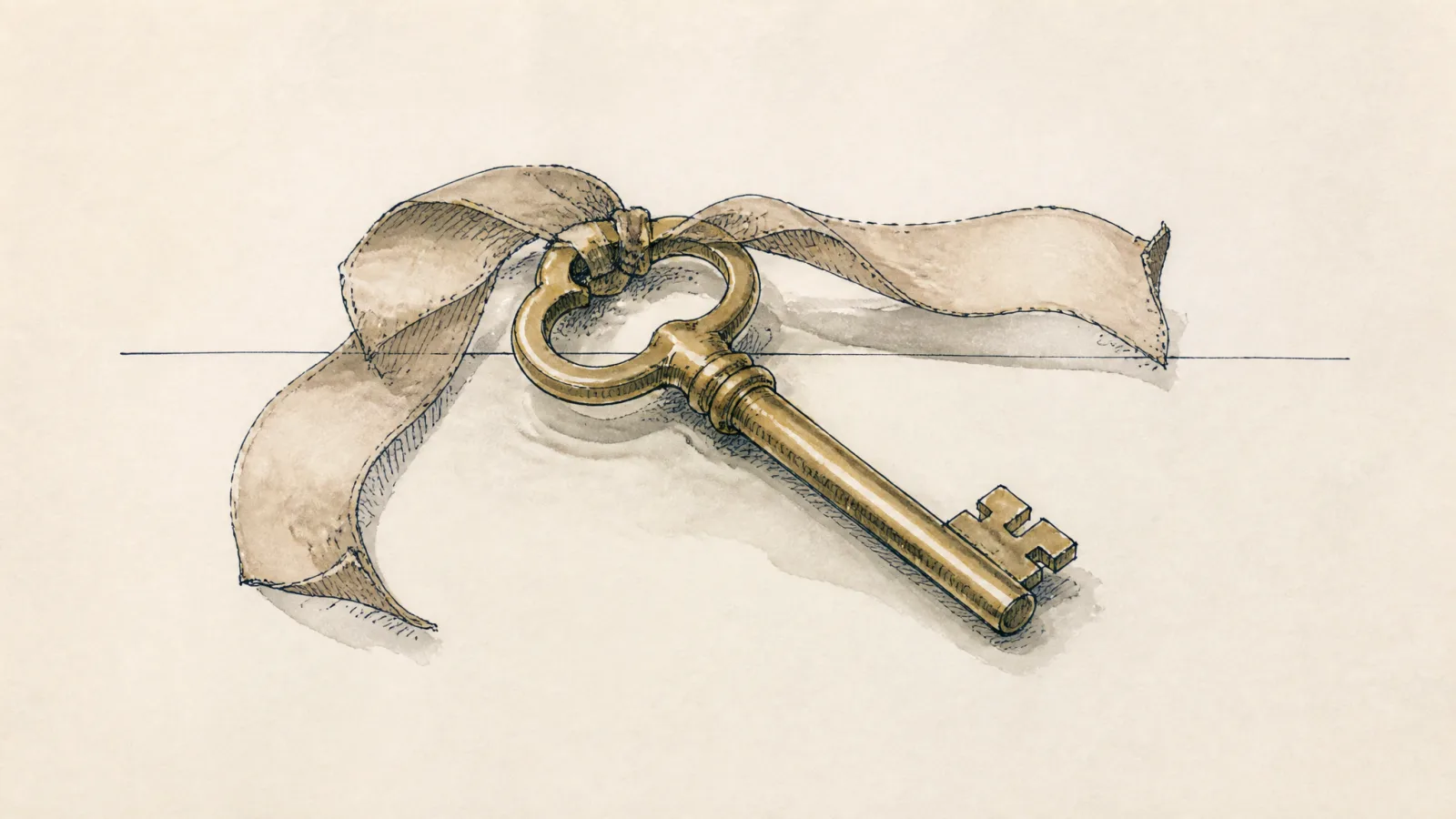 Loose ink sketch of a single brass key on a plain ribbon lying on bare paper
