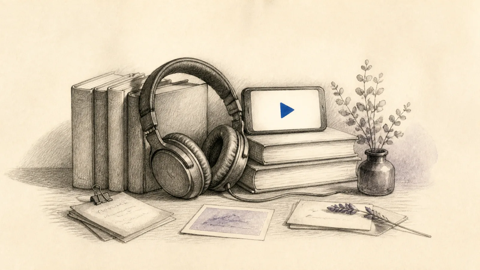 Graphite still life of headphones draped over blank-spined books and a small glowing screen showing a single editorial-blue play triangle.