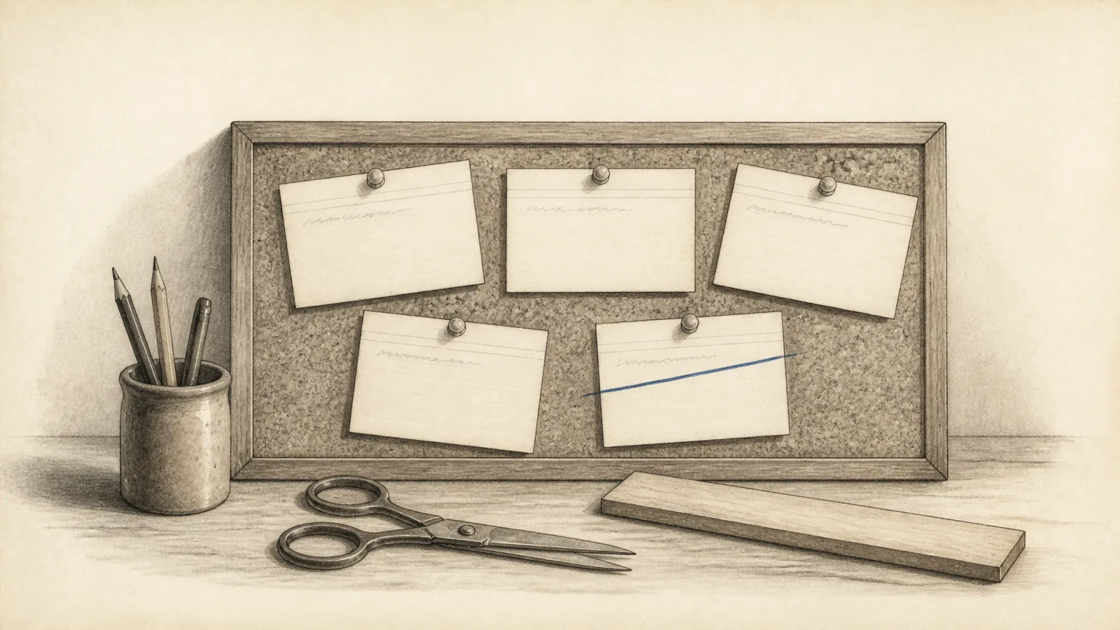 Graphite still life of five index cards pinned to a cork board above scissors and a wooden ruler, one card struck through with an editorial-blue line.