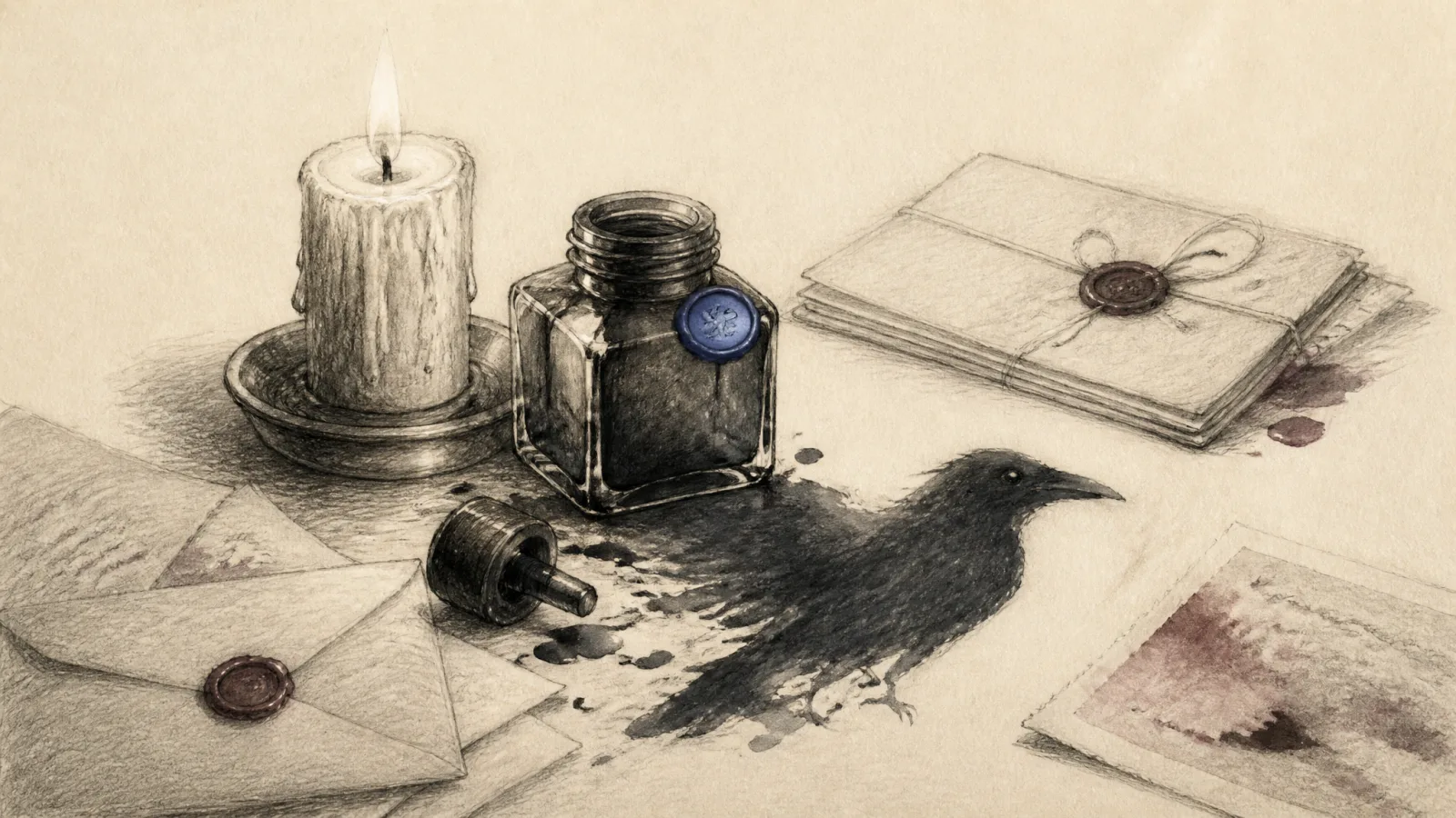 Graphite still life of a lit candle beside a tipped ink bottle whose spilled ink forms a raven, a small editorial-blue wax seal on the bottle's shoulder.