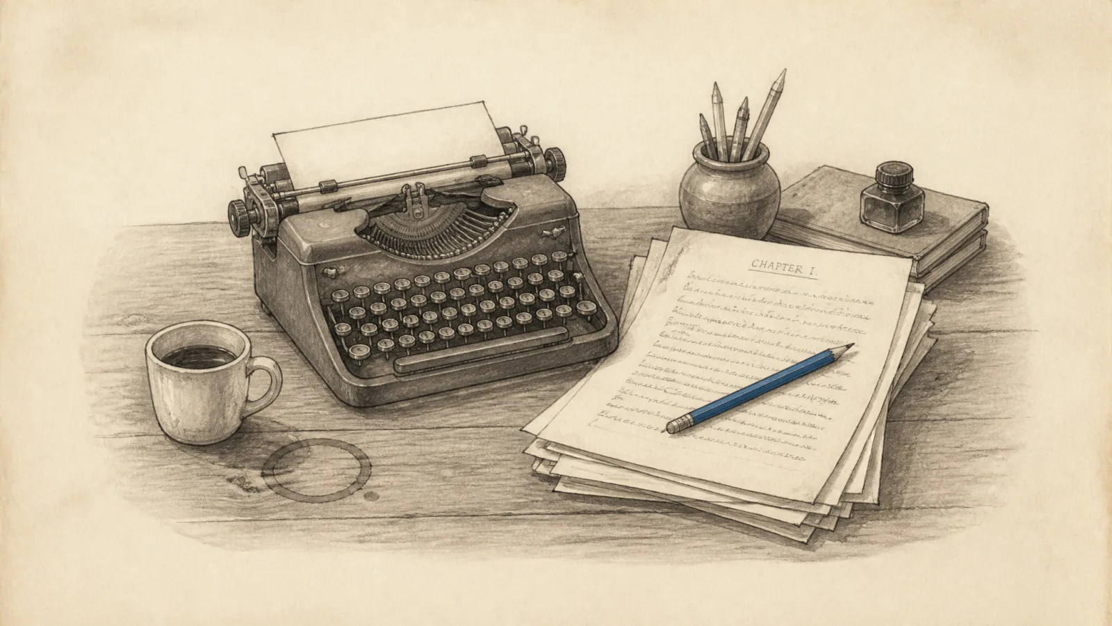 Graphite-and-ink still life of a writer's desk — a manual typewriter, a manuscript stack, an ink bottle, and a coffee ring — with a single blue pencil resting across the top page.