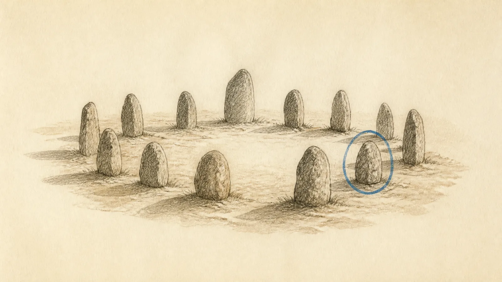 Graphite sketch of a ring of weathered standing stones on typing paper, one stone circled with a loose editorial-blue pencil stroke.