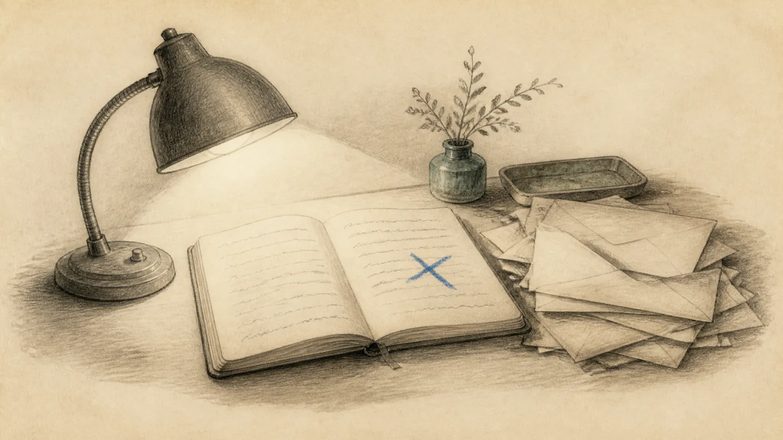 Graphite still life of a desk lamp shining on an open notebook beside a pile of envelopes, the notebook page marked with a single editorial-blue cross.