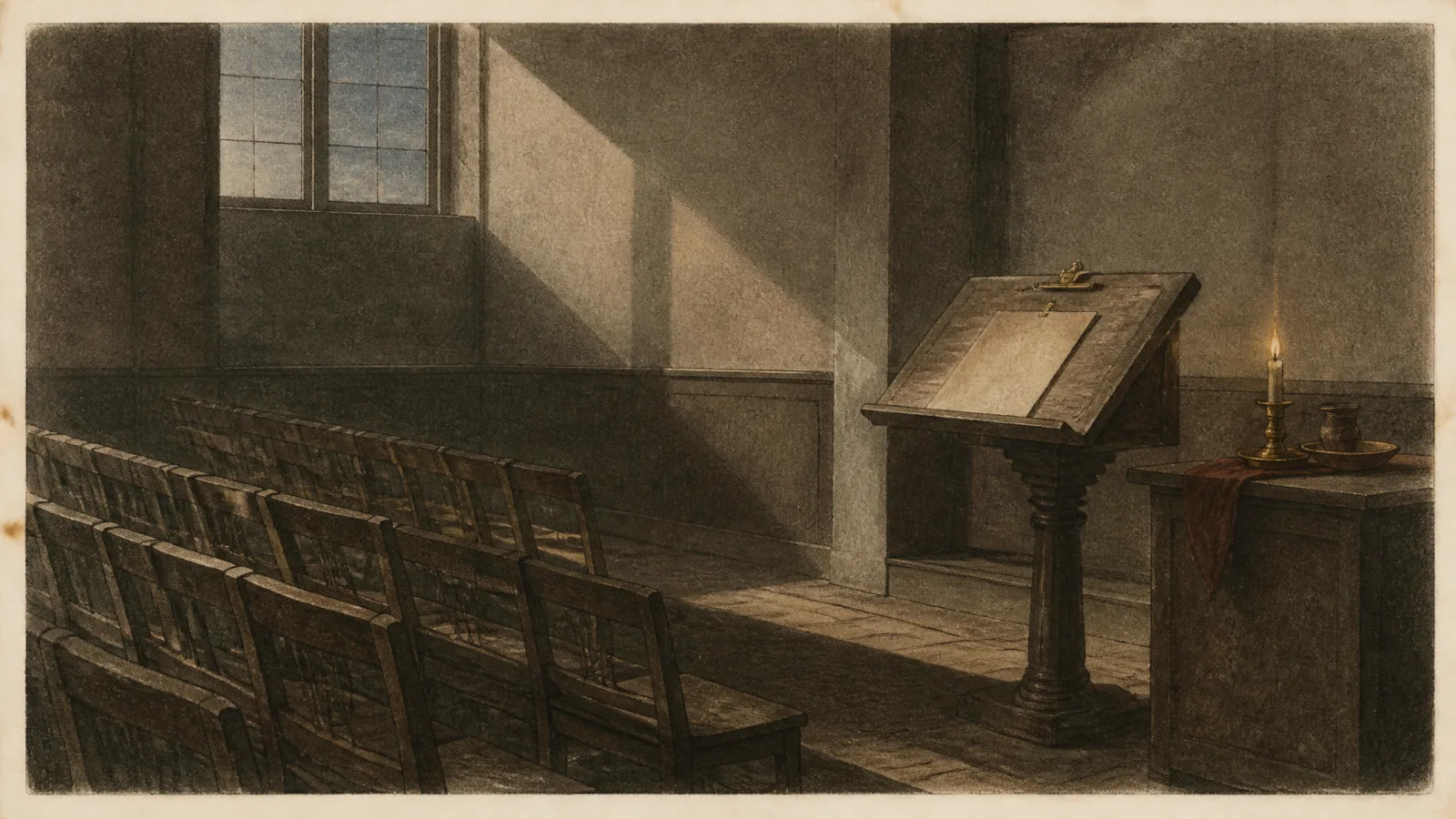 An aquatint of a lecture room after the audience has gone: empty chairs in rows, a lectern holding one blank sheet, late afternoon light from high windows.