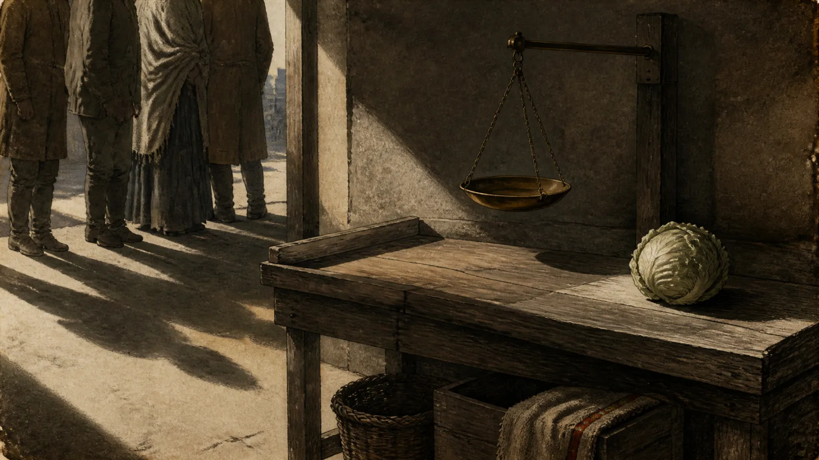An aquatint of a bare market stall at midday: an empty scale pan, a single cabbage, and a queue of anonymous figures cropped at the waist casting long shadows.