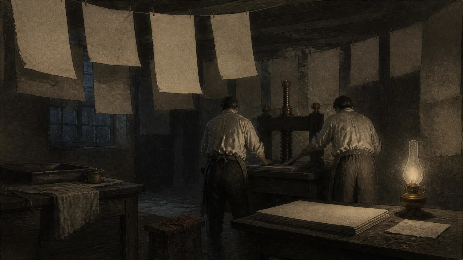 An aquatint of a press room at night lit by a single lamp: two workmen at a hand press, seen from behind, with blank sheets drying on lines overhead.