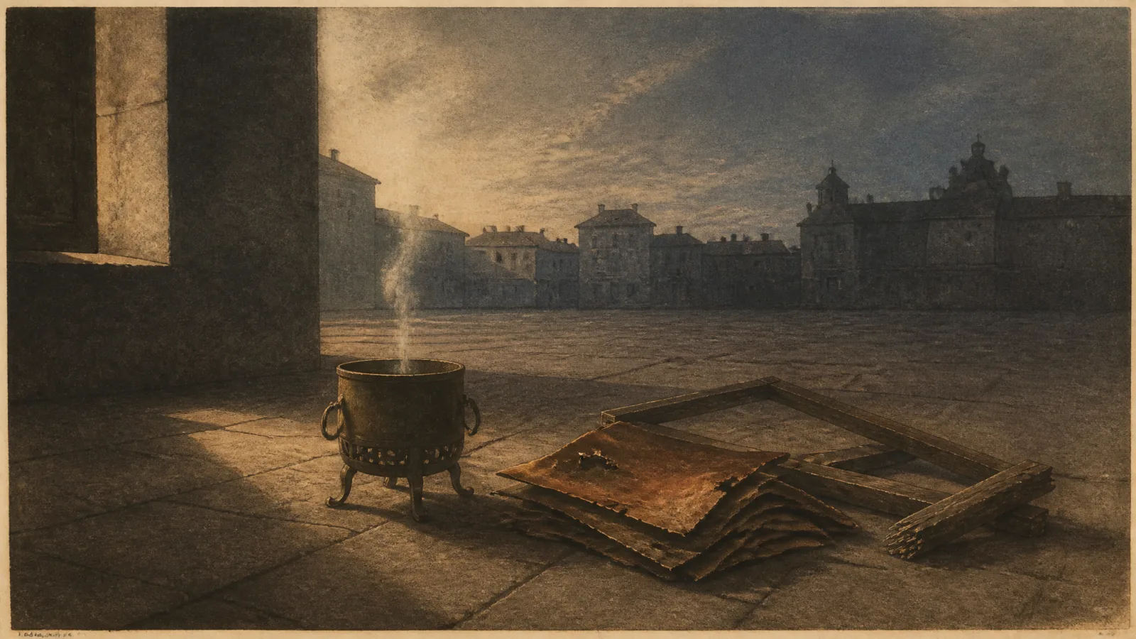 An aquatint of a burnt-out brazier in an open square at first light, with a stack of broken, unmarked copper plates beside it and one thin plume of smoke still rising.