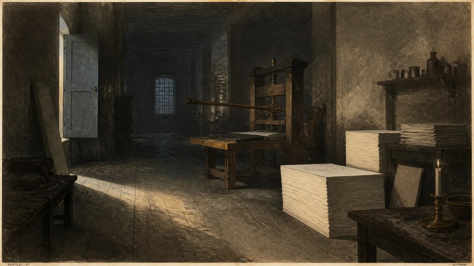 An aquatint of a tall, cold printing hall at dawn: a hand press standing idle, stacks of entirely blank sheets beside it, light entering through one open door.