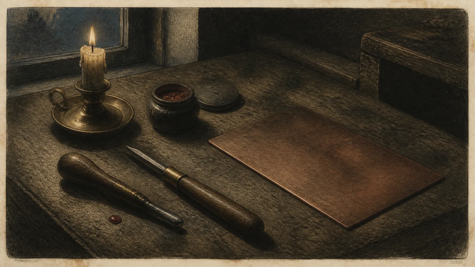 An aquatint of an engraver's bench: a burin, a burnisher, a stub of candle, and a blank copper plate lying unmarked on the wood, with a single drop of red wax beside it.