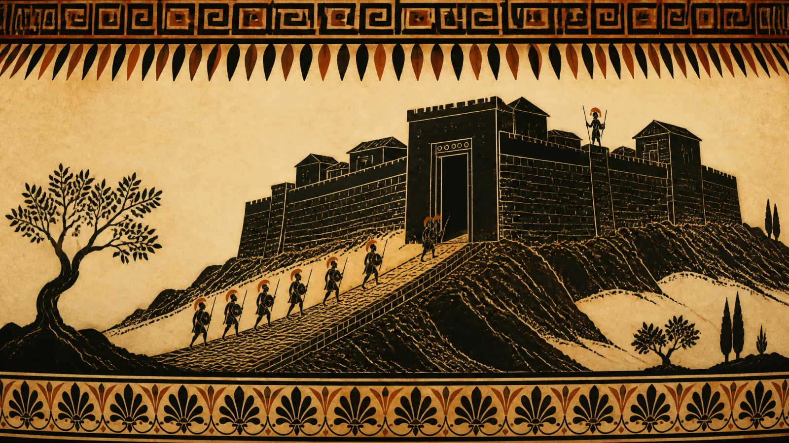 Black-figure–style plate: a walled citadel on a hill with a long ramp, small warriors climbing toward the gate, an olive tree at the left.