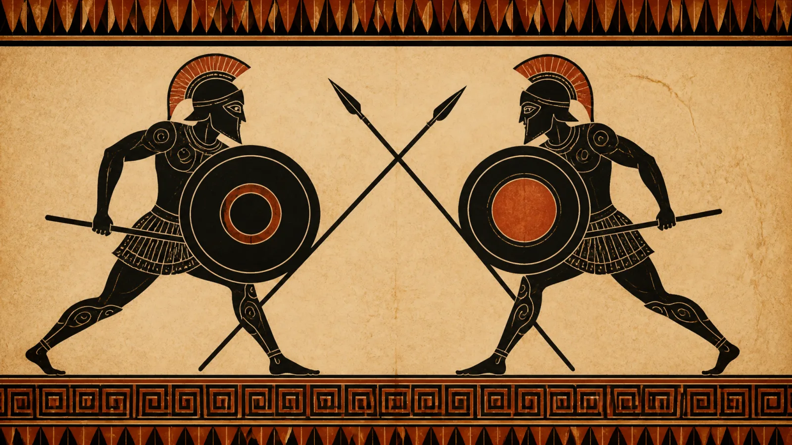 Black-figure–style plate: two warriors with round shields and crested helmets, spears crossing.