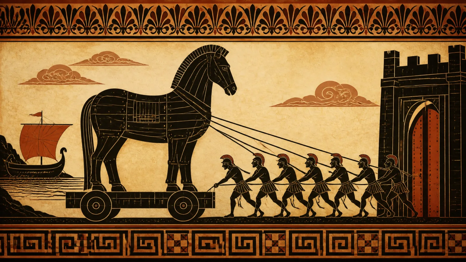 Black-figure–style plate: a great wooden horse on wheels hauled by a line of men toward a city gate.