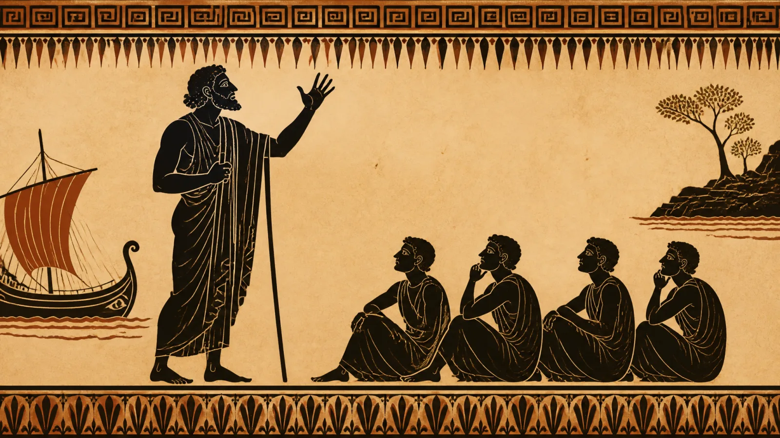 Black-figure–style plate: a standing reciter with a staff and raised hand performing before four seated listeners.