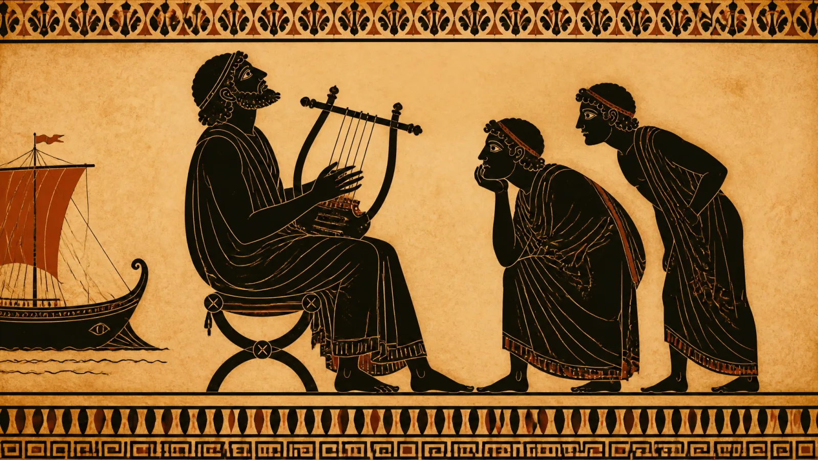 Black-figure–style plate: a blind bard seated with a lyre, two listeners leaning in, a ship on the horizon.