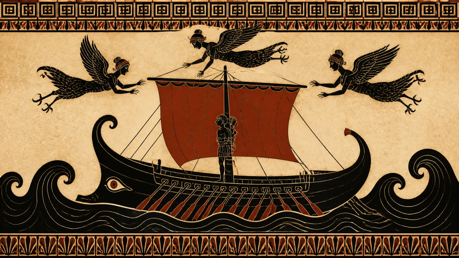 Black-figure–style plate: a ship with a red sail and a rank of oars on a curling wave, a figure bound to the mast, three winged bird-women overhead.