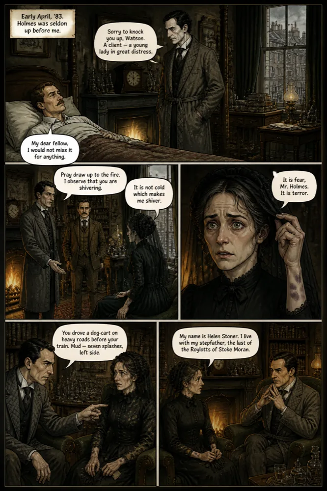 The opening comic page of The Speckled Band: Holmes wakes Watson, then they meet Helen Stoner at Baker Street