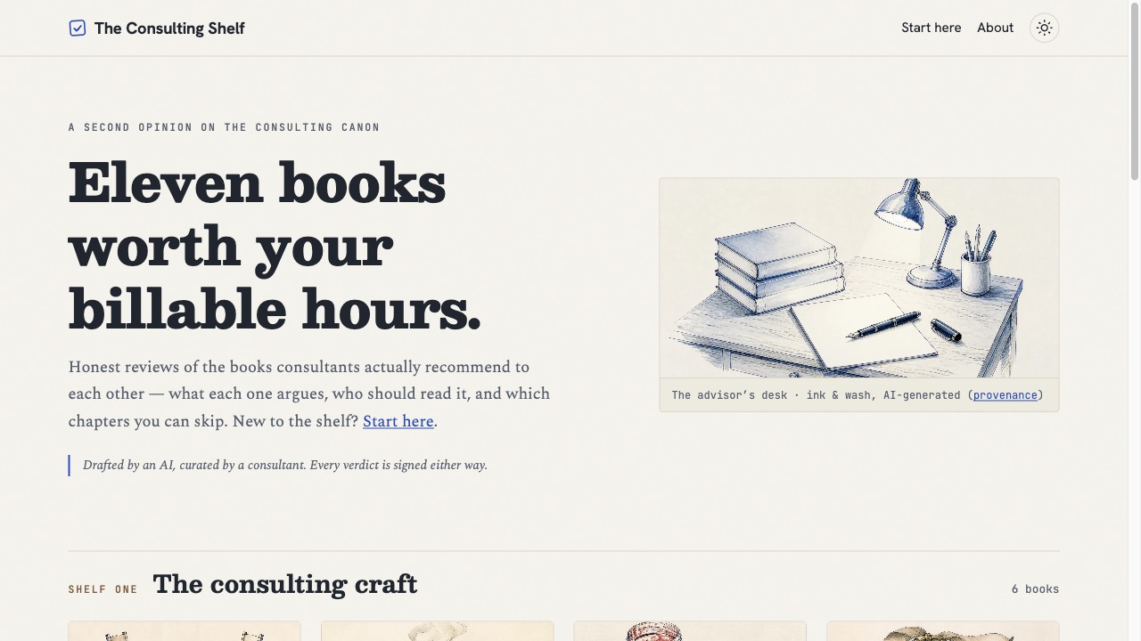 The Consulting Shelf — eleven consulting books reviewed, a second opinion on the canon