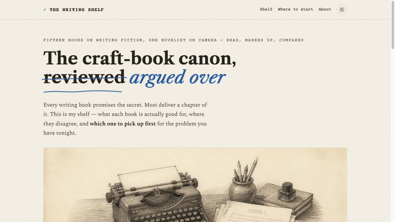 The Writing Shelf — fifteen books on writing fiction, read, marked up, and argued over
