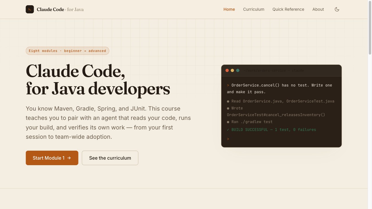 Claude Code for Java Developers — a hands-on course for pairing with Claude Code on the JVM