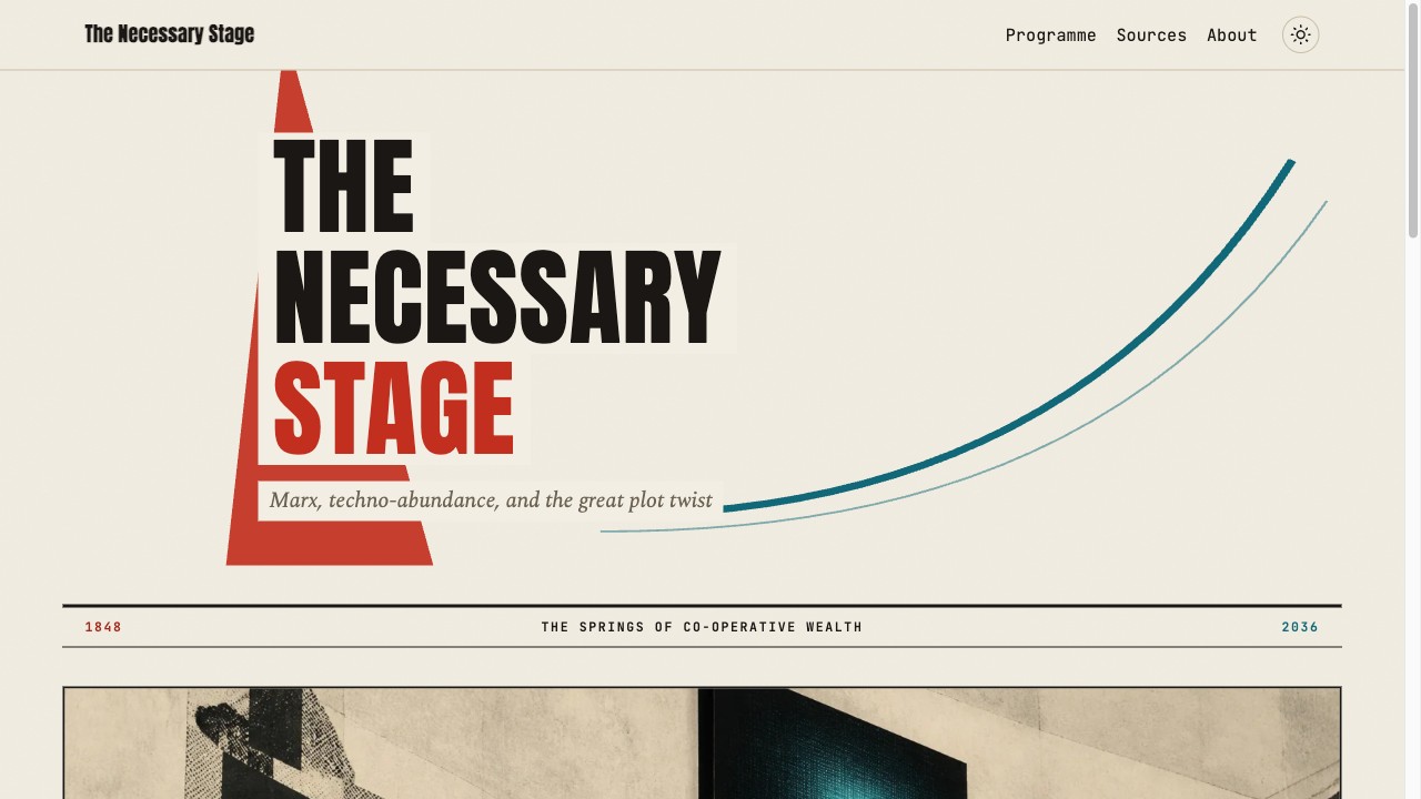 The Necessary Stage — Marx, techno-abundance, and the great plot twist, documented in eight acts