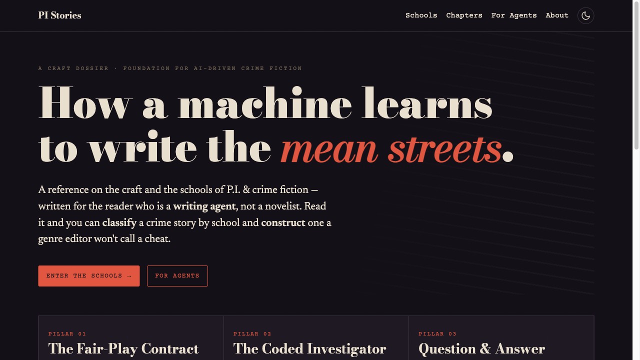 PI Stories — a craft dossier on P.I. and crime fiction written for an AI writing agent
