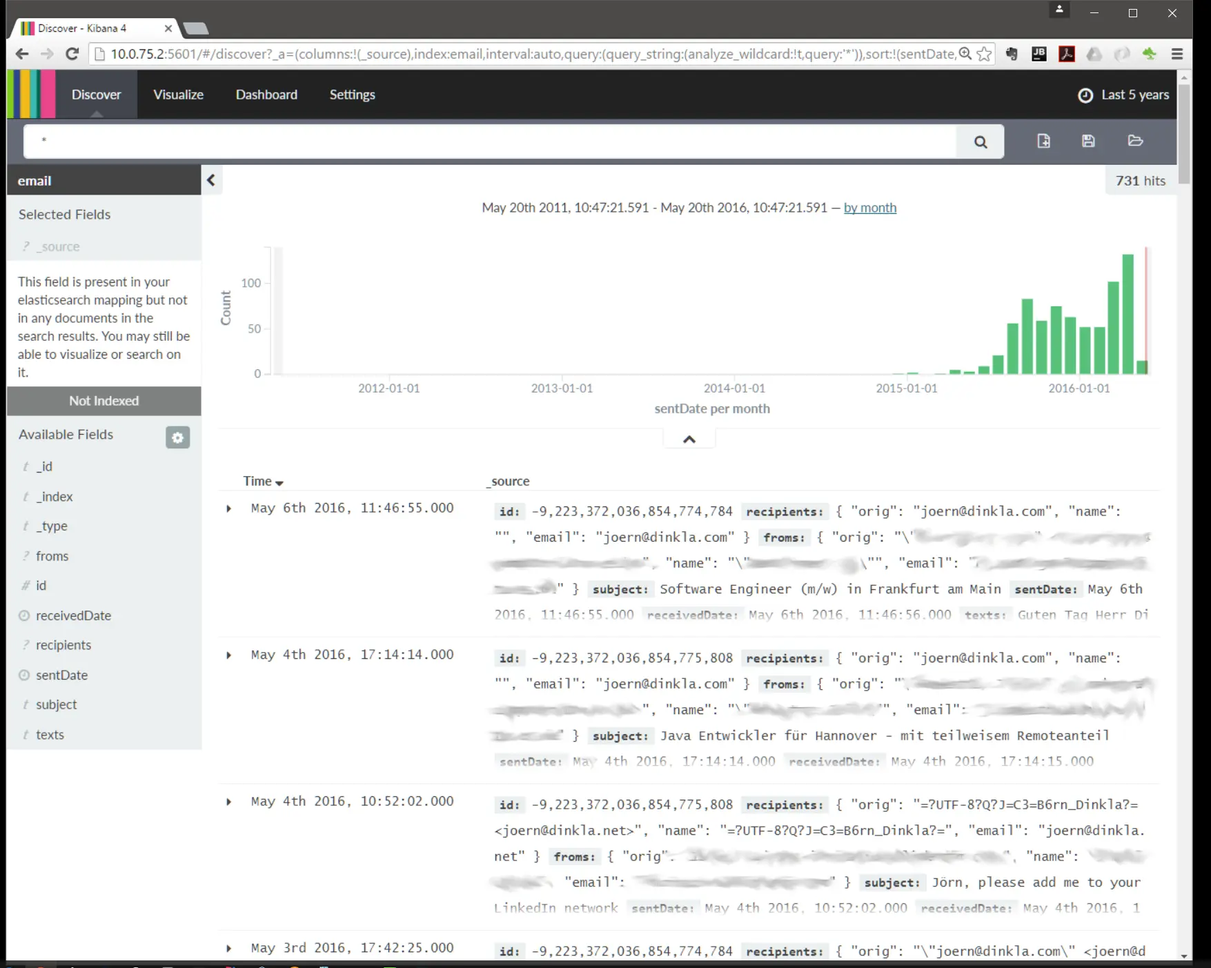 Using Elasticsearch with Spring Boot - Analyzing the emails with Kibana