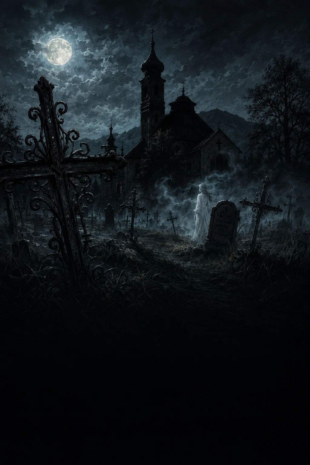 A pale figure emerges from mist among the crosses of a moonlit churchyard.