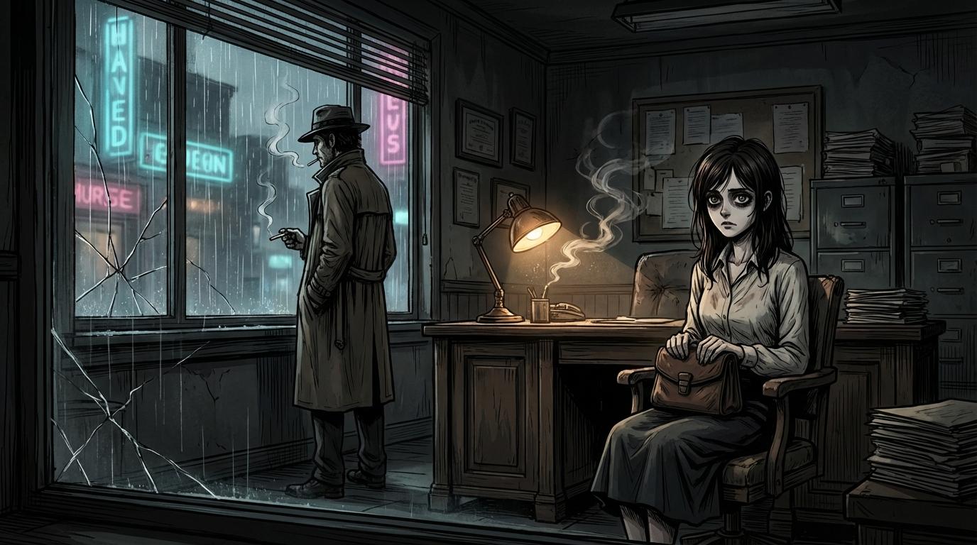 A detective stands by a rain-streaked office window in the neon light.
