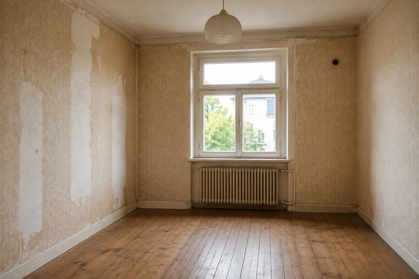 Leerer Bestandsraum mit abgenutztem Holzboden und teilweise entfernter Tapete.
